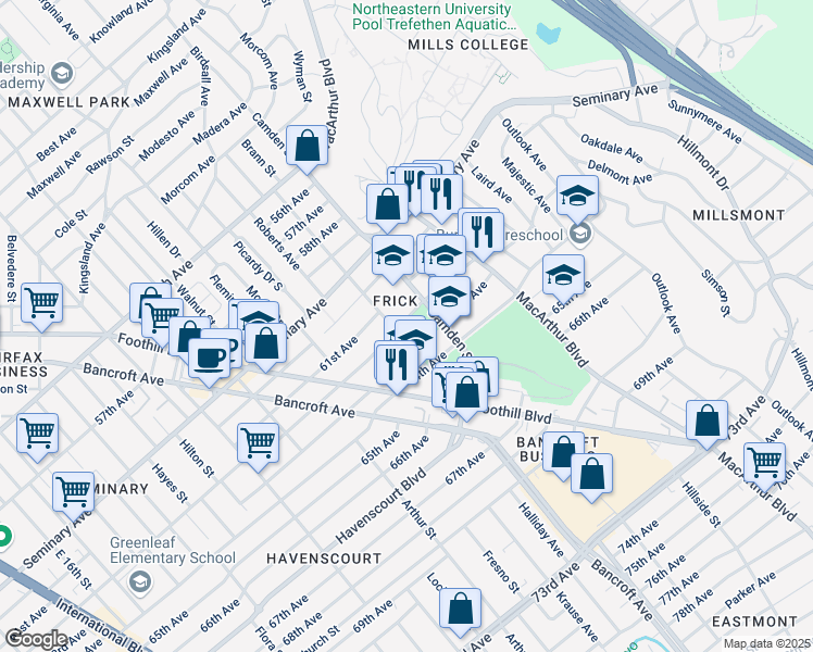 map of restaurants, bars, coffee shops, grocery stores, and more near 3000a 62nd Avenue in Oakland
