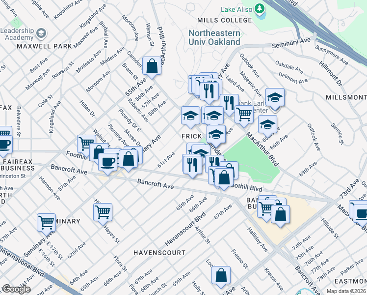 map of restaurants, bars, coffee shops, grocery stores, and more near 2936 61st Avenue in Oakland