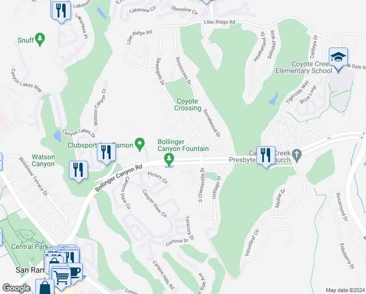 map of restaurants, bars, coffee shops, grocery stores, and more near 2128 Watercress Place in San Ramon