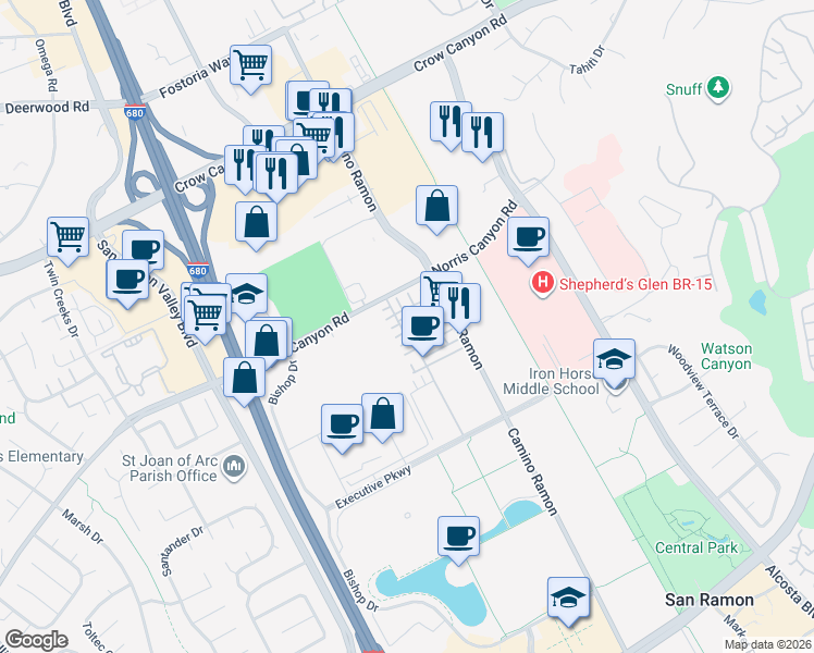 map of restaurants, bars, coffee shops, grocery stores, and more near Unnamed Road in San Ramon