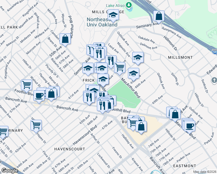 map of restaurants, bars, coffee shops, grocery stores, and more near 3155 64th Avenue in Oakland