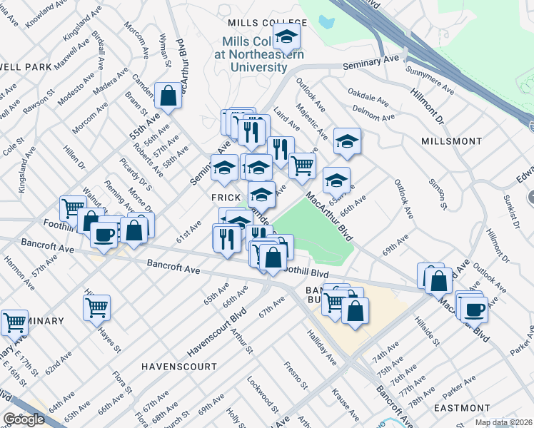 map of restaurants, bars, coffee shops, grocery stores, and more near 3100 63rd Avenue in Oakland