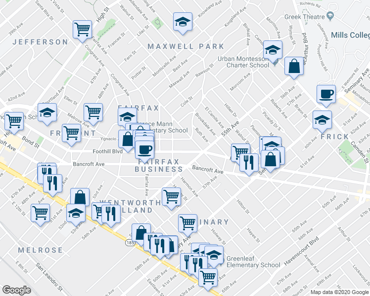 map of restaurants, bars, coffee shops, grocery stores, and more near 5432 Foothill Boulevard in Oakland