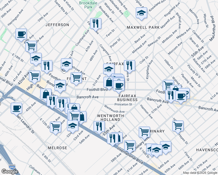 map of restaurants, bars, coffee shops, grocery stores, and more near 5223 Congress Avenue in Oakland