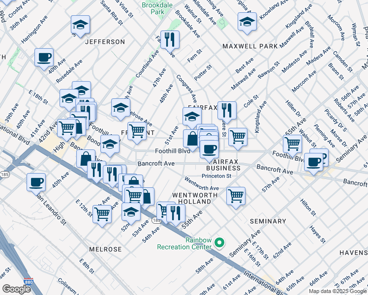 map of restaurants, bars, coffee shops, grocery stores, and more near 5152 Foothill Boulevard in Oakland