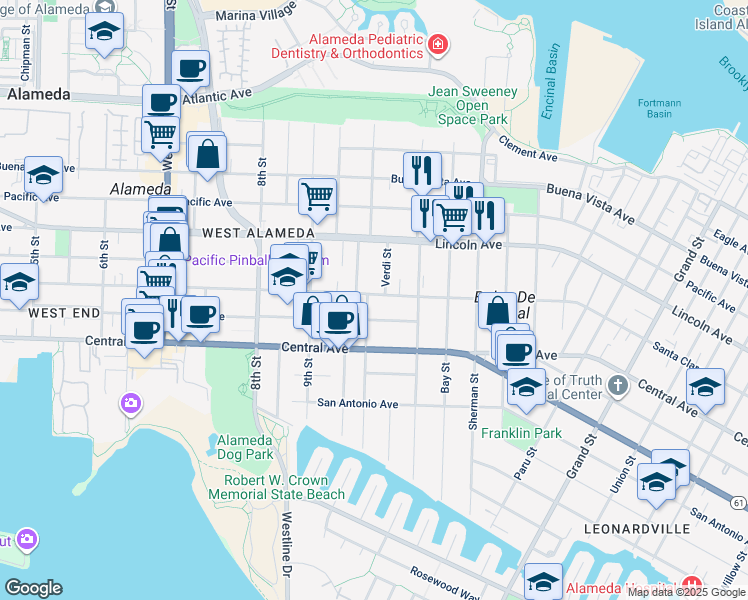 map of restaurants, bars, coffee shops, grocery stores, and more near 1000 Santa Clara Avenue in Alameda