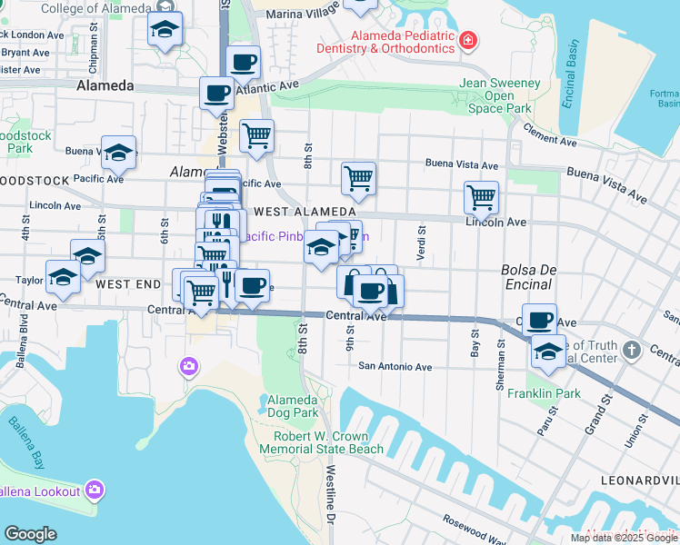 map of restaurants, bars, coffee shops, grocery stores, and more near 834 Santa Clara Avenue in Alameda