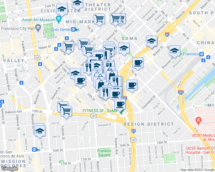 map of restaurants, bars, coffee shops, grocery stores, and more near 1226 Harrison Street in San Francisco