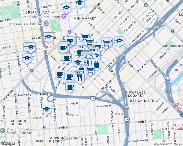 map of restaurants, bars, coffee shops, grocery stores, and more near 130 Dore Street in San Francisco