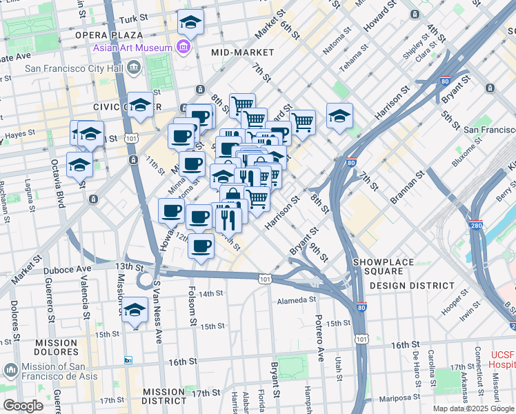 map of restaurants, bars, coffee shops, grocery stores, and more near 130 Dore Street in San Francisco