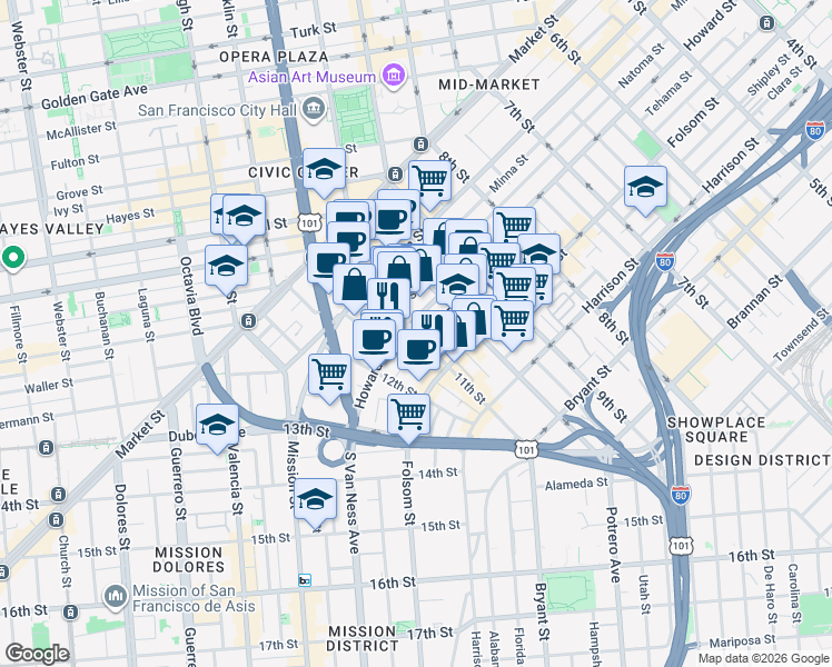 map of restaurants, bars, coffee shops, grocery stores, and more near 969 Natoma Street in San Francisco