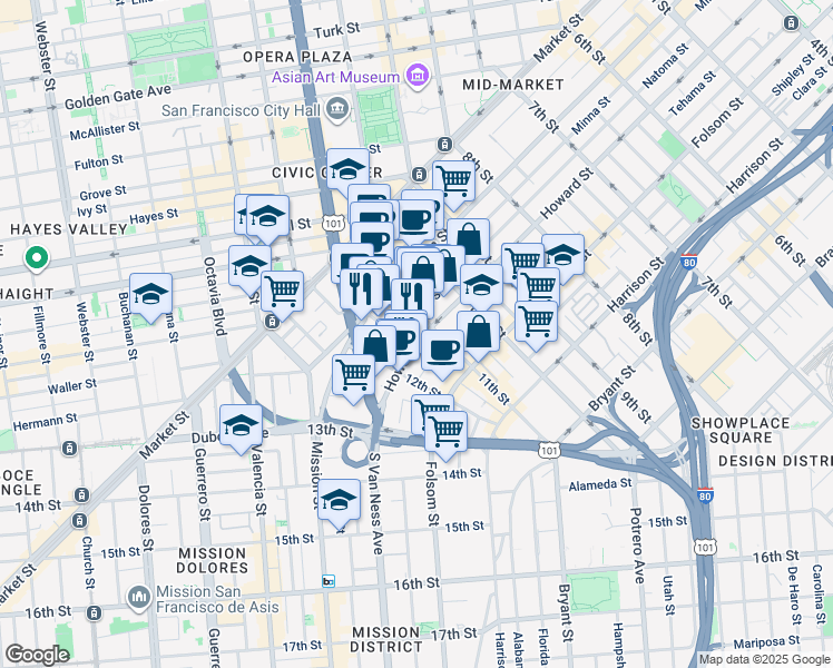 map of restaurants, bars, coffee shops, grocery stores, and more near 1029 Natoma Street in San Francisco
