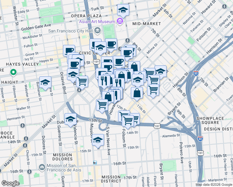 map of restaurants, bars, coffee shops, grocery stores, and more near 1029 Natoma Street in San Francisco