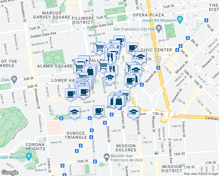 map of restaurants, bars, coffee shops, grocery stores, and more near 300 Buchanan Street in San Francisco