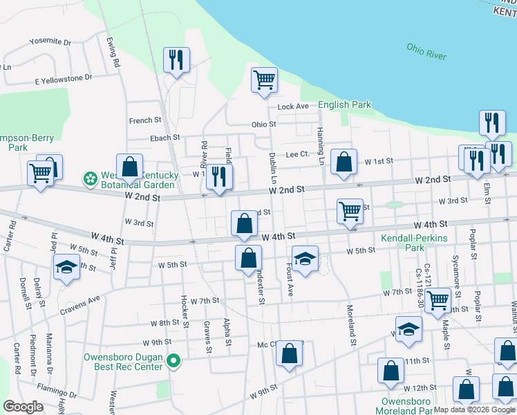 map of restaurants, bars, coffee shops, grocery stores, and more near 1817 West 3rd Street in Owensboro
