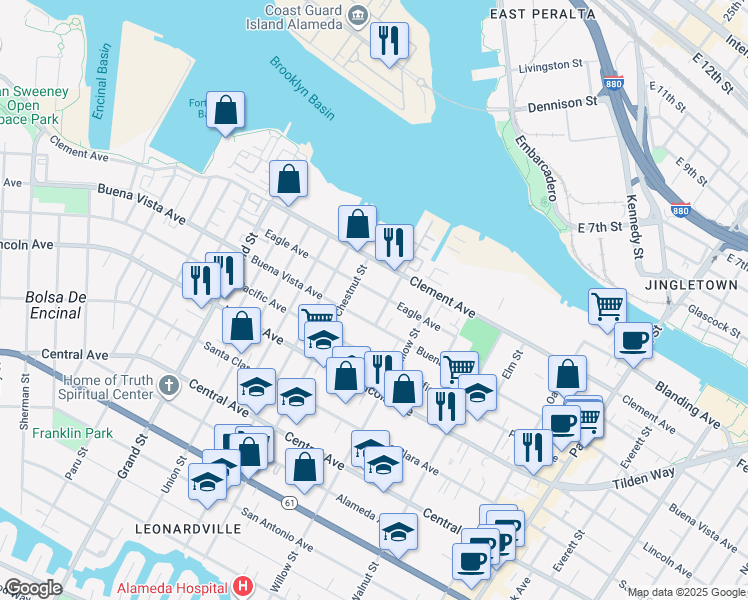 map of restaurants, bars, coffee shops, grocery stores, and more near 2022 Eagle Avenue in Alameda