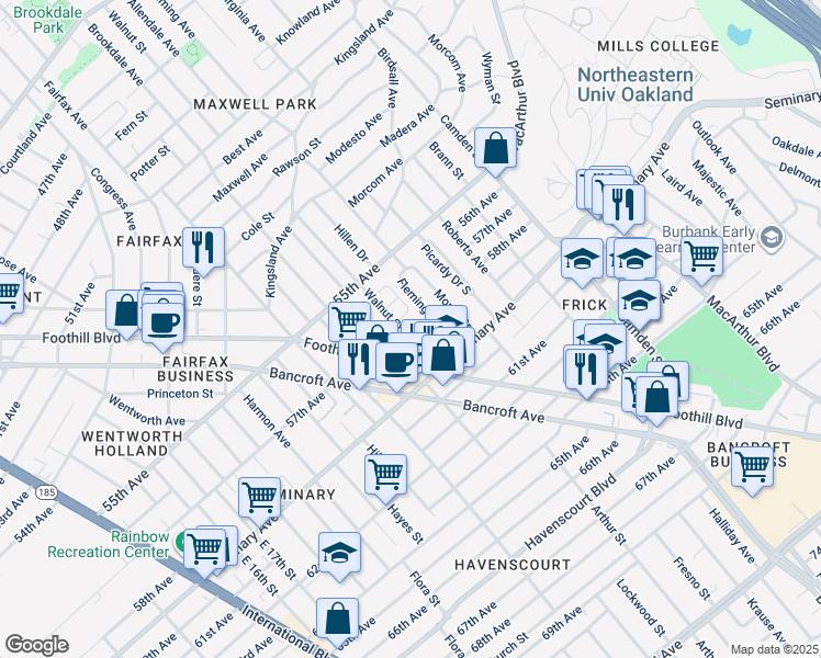 map of restaurants, bars, coffee shops, grocery stores, and more near 5730 Kingsley Circle in Oakland