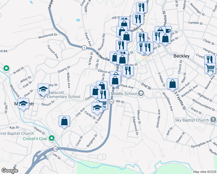 map of restaurants, bars, coffee shops, grocery stores, and more near 101 Bench Lane in Beckley