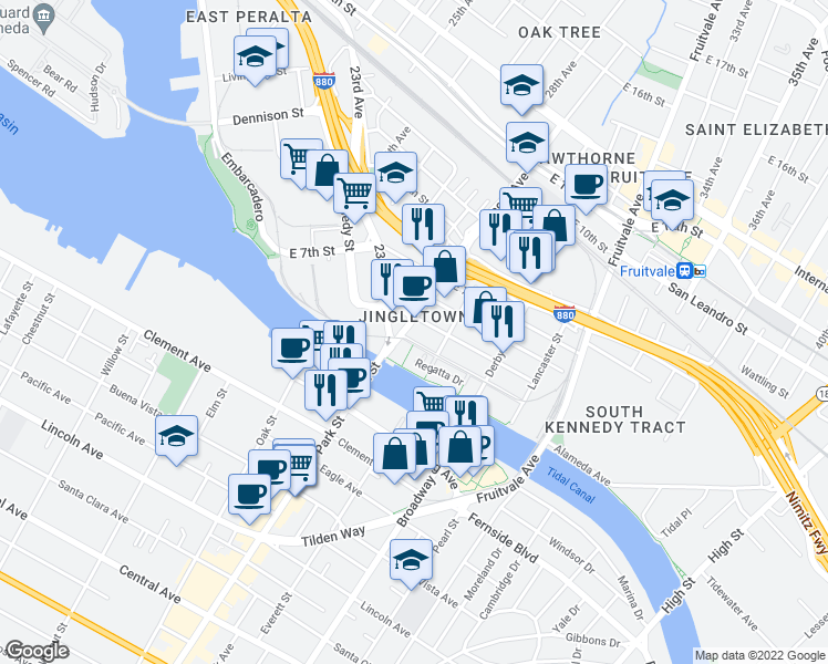 map of restaurants, bars, coffee shops, grocery stores, and more near 412 29th Avenue in Oakland