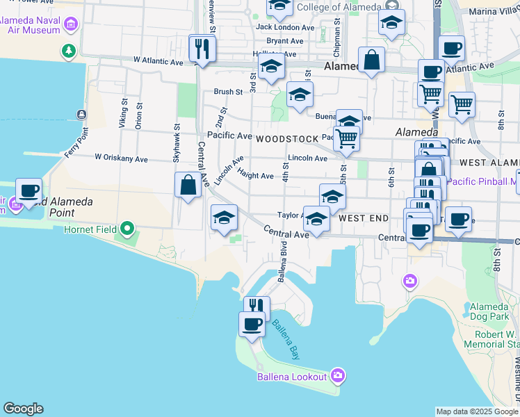 map of restaurants, bars, coffee shops, grocery stores, and more near 313 Taylor Avenue in Alameda