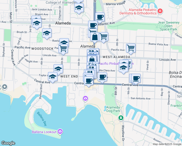 map of restaurants, bars, coffee shops, grocery stores, and more near 1449 Webster Street in Alameda