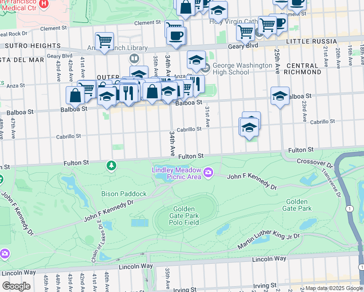 map of restaurants, bars, coffee shops, grocery stores, and more near 847 33rd Avenue in San Francisco