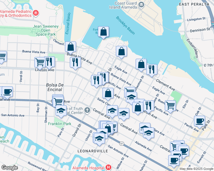 map of restaurants, bars, coffee shops, grocery stores, and more near 1615 Minturn Street in Alameda
