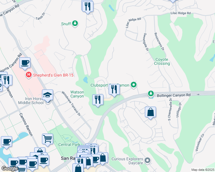 map of restaurants, bars, coffee shops, grocery stores, and more near 1136 Vista Pointe Circle in San Ramon