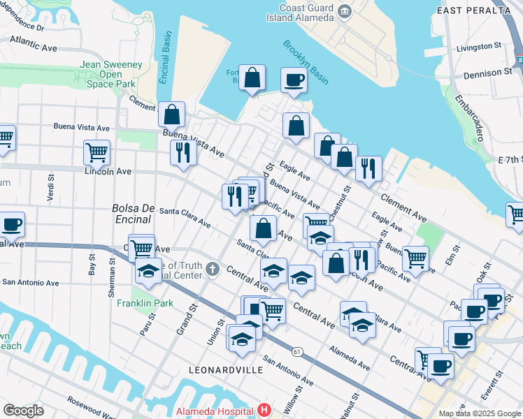map of restaurants, bars, coffee shops, grocery stores, and more near 1615 Minturn Street in Alameda