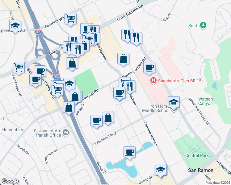 map of restaurants, bars, coffee shops, grocery stores, and more near Unnamed Road in San Ramon