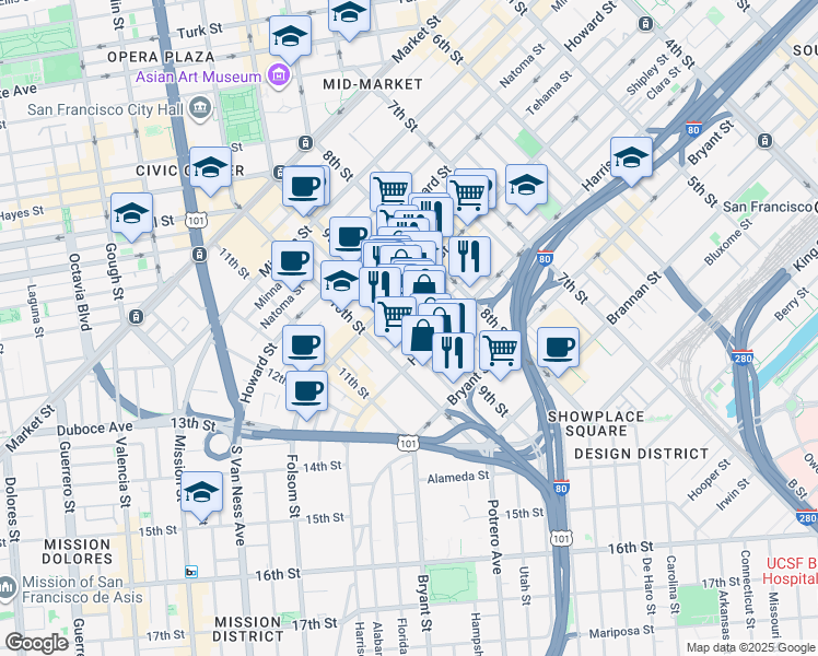 map of restaurants, bars, coffee shops, grocery stores, and more near 360 9th Street in San Francisco