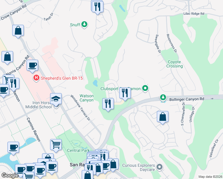 map of restaurants, bars, coffee shops, grocery stores, and more near 116 Sapphire Court in San Ramon