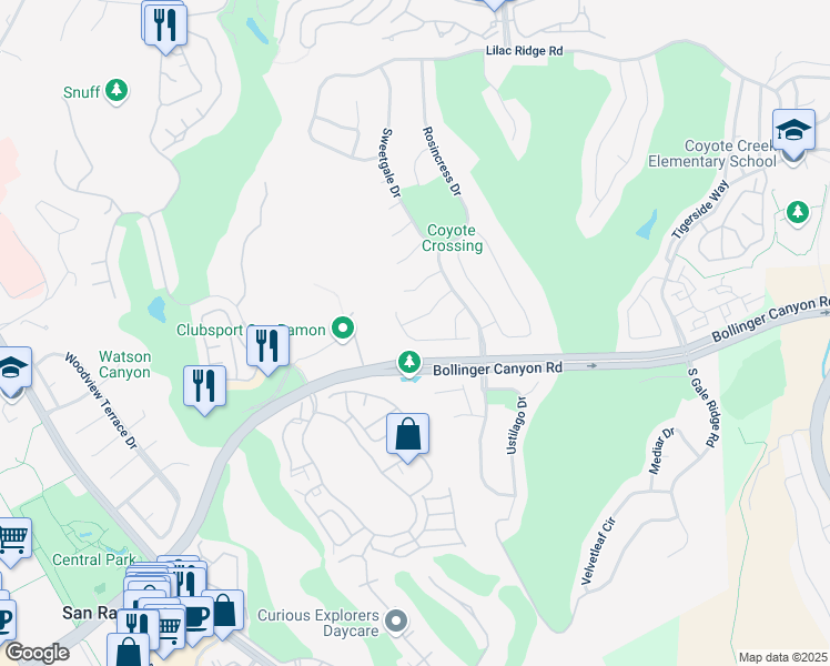 map of restaurants, bars, coffee shops, grocery stores, and more near 2162 Watercress Place in San Ramon
