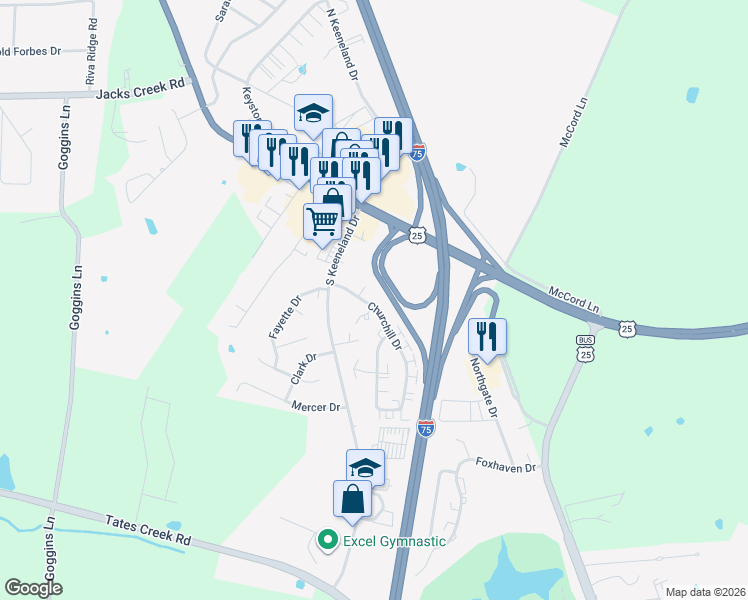 map of restaurants, bars, coffee shops, grocery stores, and more near 229 Churchill Drive in Richmond