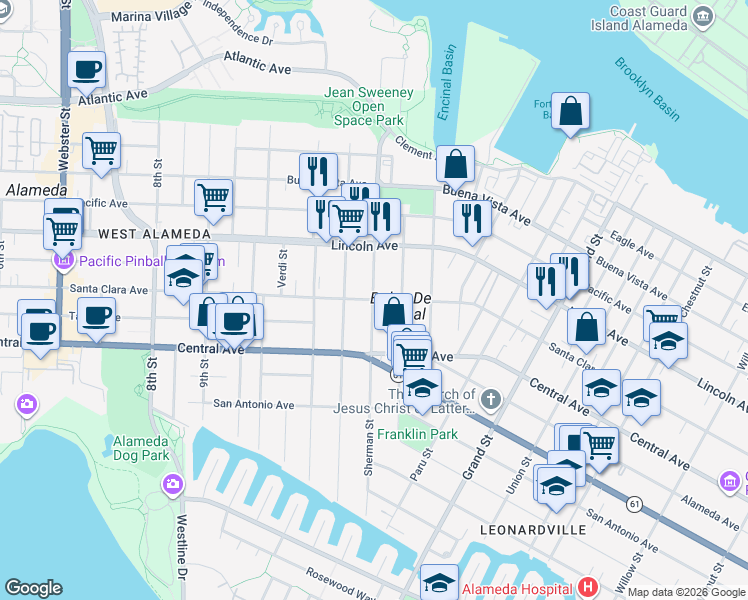 map of restaurants, bars, coffee shops, grocery stores, and more near Santa Clara Ave & Sherman St in Alameda