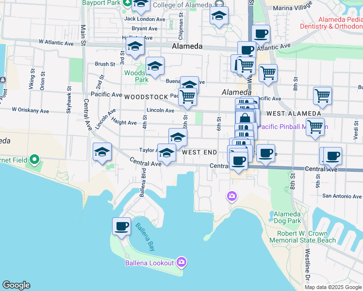 map of restaurants, bars, coffee shops, grocery stores, and more near 1437 Fifth Street in Alameda