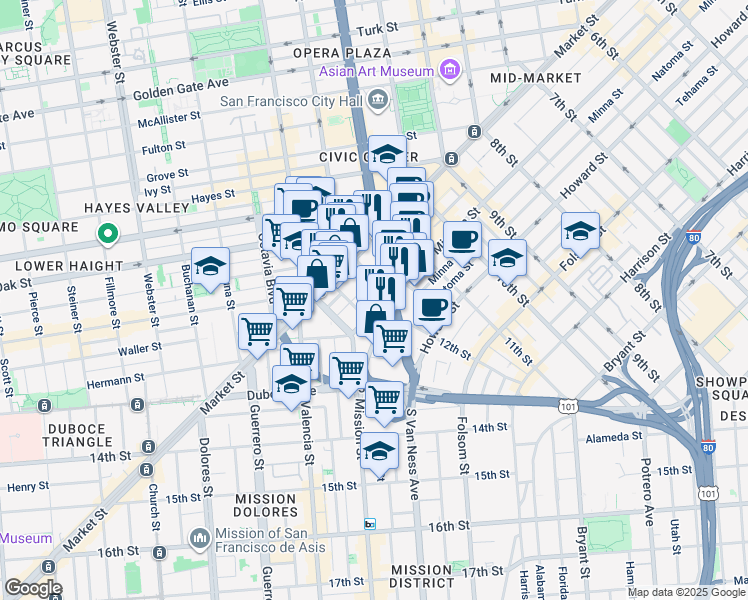 map of restaurants, bars, coffee shops, grocery stores, and more near 10 Chase Court in San Francisco