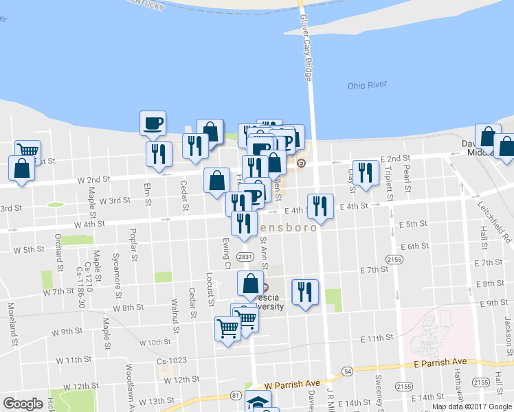 map of restaurants, bars, coffee shops, grocery stores, and more near 324 Saint Ann Street in Owensboro