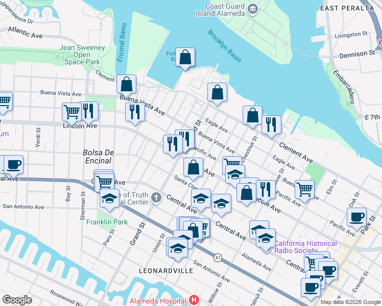 map of restaurants, bars, coffee shops, grocery stores, and more near 1615 Minturn Street in Alameda