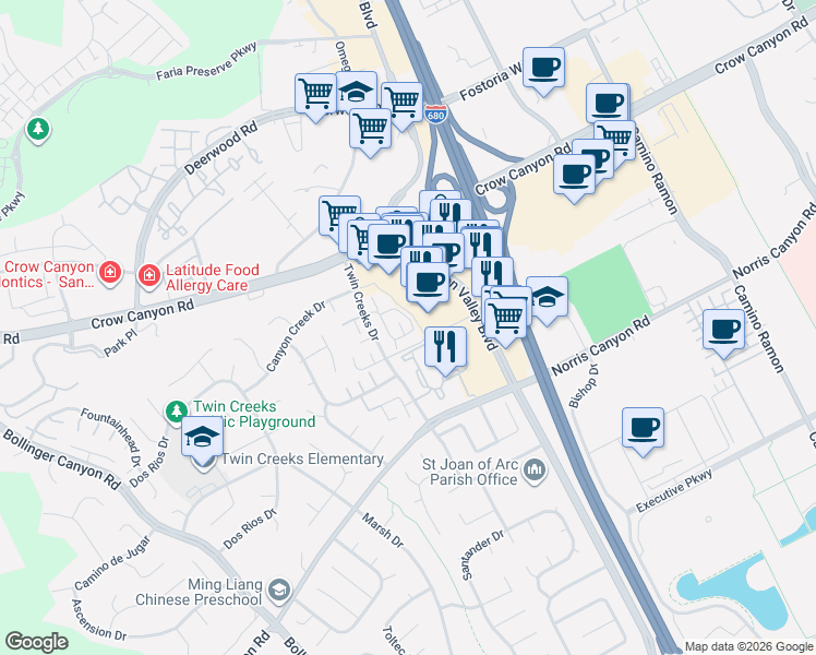 map of restaurants, bars, coffee shops, grocery stores, and more near 107 Compton Circle in San Ramon