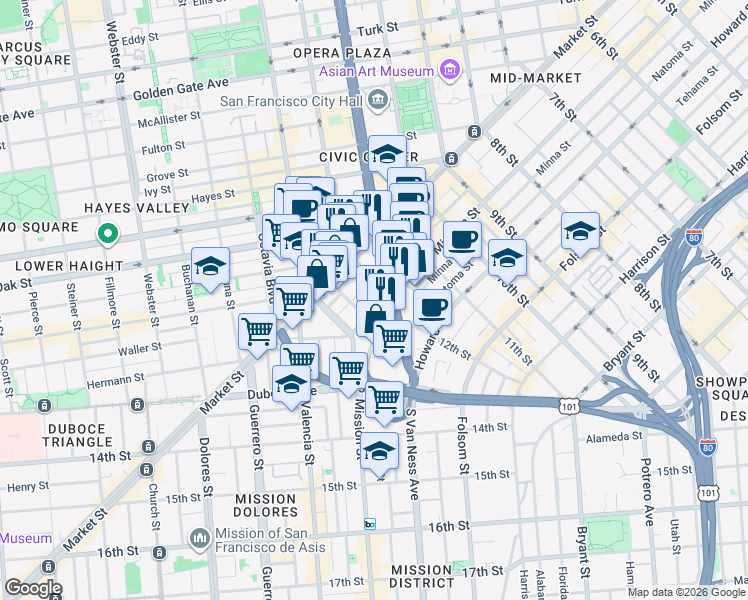 map of restaurants, bars, coffee shops, grocery stores, and more near 30 Otis Street in San Francisco