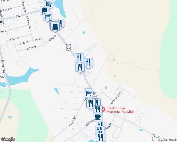 map of restaurants, bars, coffee shops, grocery stores, and more near 525 Old State Road 60 in Hardinsburg