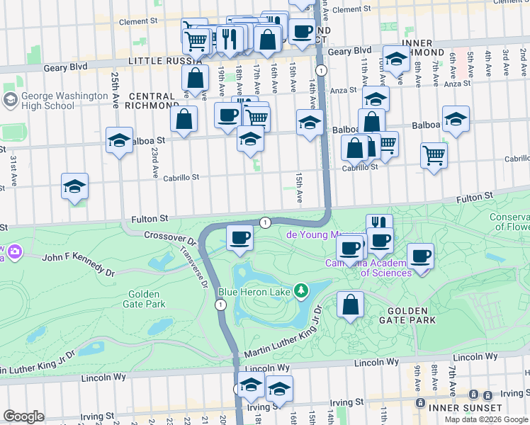 map of restaurants, bars, coffee shops, grocery stores, and more near Fulton Street & 17th Avenue in San Francisco