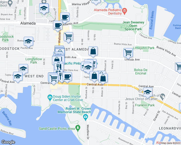 map of restaurants, bars, coffee shops, grocery stores, and more near 834 Santa Clara Avenue in Alameda