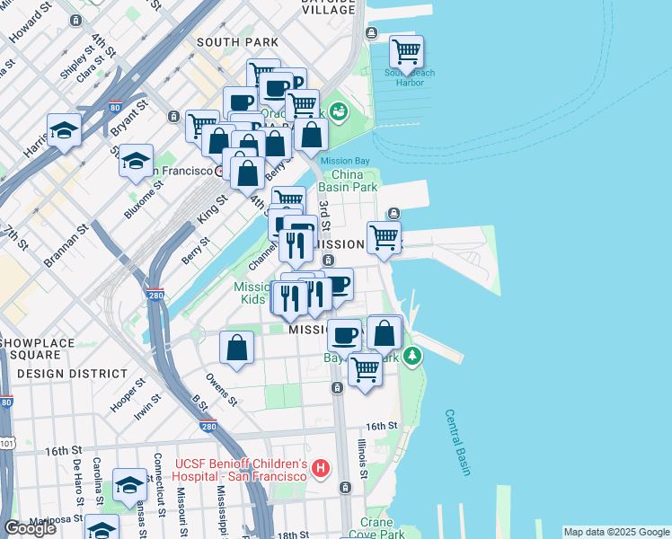 map of restaurants, bars, coffee shops, grocery stores, and more near Mission Rock Street in San Francisco