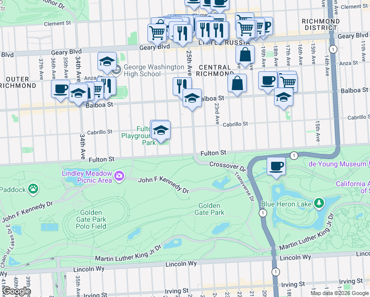 map of restaurants, bars, coffee shops, grocery stores, and more near 880 26th Avenue in San Francisco