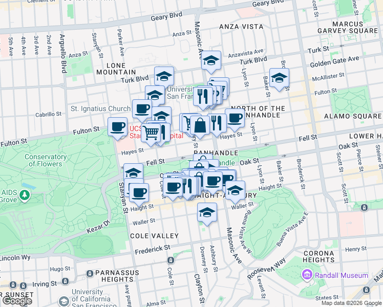 map of restaurants, bars, coffee shops, grocery stores, and more near 1824 Fell Street in San Francisco