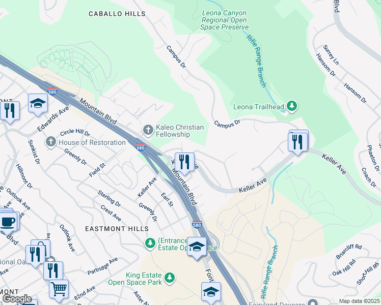 map of restaurants, bars, coffee shops, grocery stores, and more near 8009 Greenridge Drive in Oakland