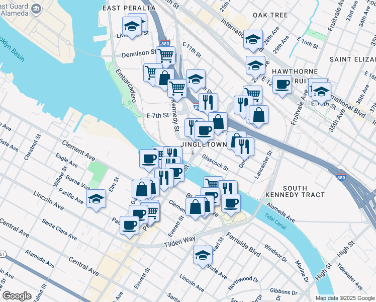 map of restaurants, bars, coffee shops, grocery stores, and more near 333 Kennedy Street in Oakland
