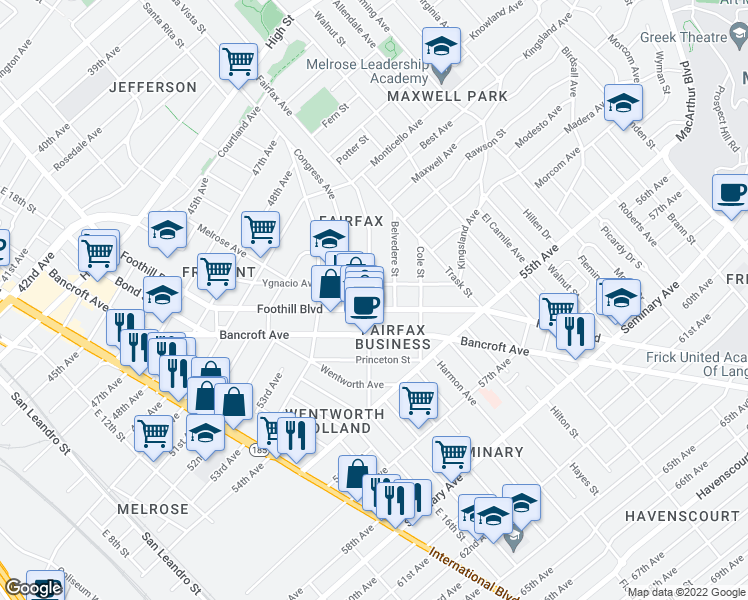 map of restaurants, bars, coffee shops, grocery stores, and more near 5224 Fairfax Avenue in Oakland